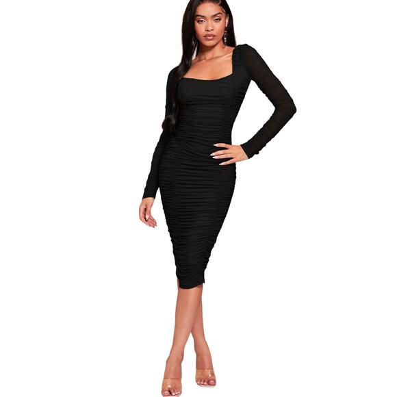 Black Ruched Mesh Sleeve Dress - Picture 2 of 7